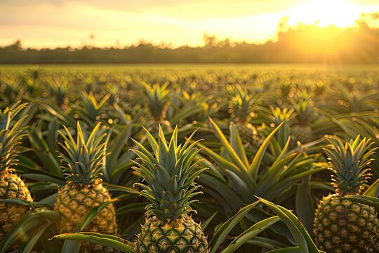 A tropical pineapple field at sunset capturing the golden light