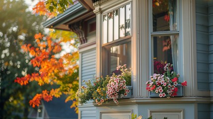 A detailed shot capturing the elegant bay window adorned with colorful flower boxes of a charming Victorian-era home, illuminated by the soft glow of a setting sun in the early autumn evening - Powered by Adobe