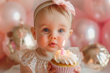 Baby girl as she blows out the candle on her first birthday cupcake