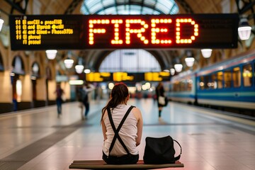Despondent woman sitting on a bench in a train station, with the word "FIRED" displayed on the arrivals board overhead - Powered by Adobe