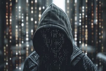 Anonymous binary code hacker under the jacket hood. - obrazy, fototapety, plakaty