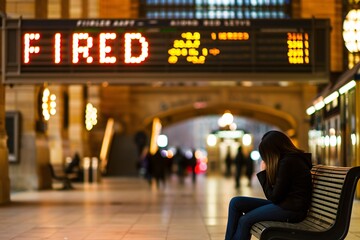 A despondent woman sitting on a bench in a train station, with the word "FIRED" displayed on the arrivals board overhead - Powered by Adobe