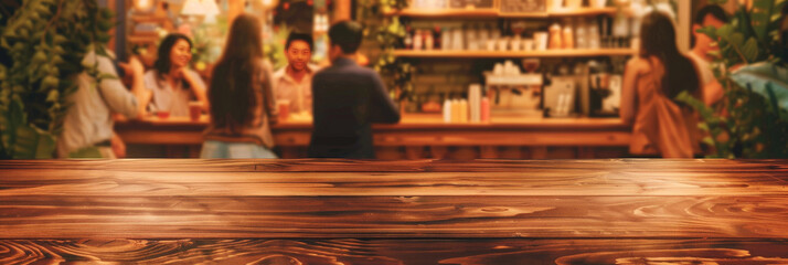 Empty wood table top with blurred background of people sitting in a coffee shop, fast food restaurant or pub for product display montage. Concept for advertising design, layout presentation.banner