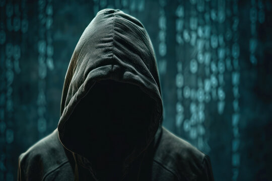 Anonymous binary code hacker under the jacket hood.