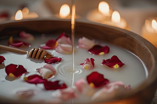 An atmospheric image of a bath with milk honey and rose petals for skin nourishment