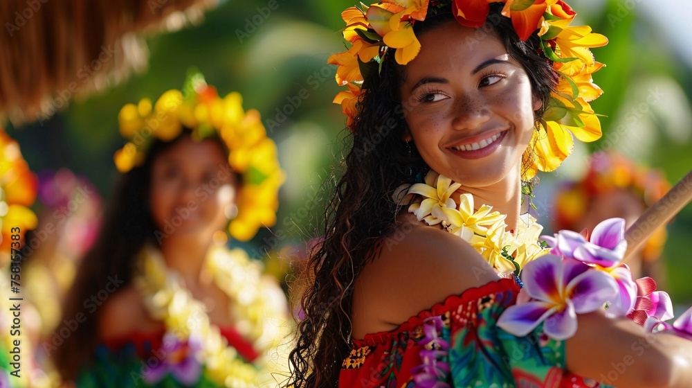 Wall mural a close-up view of the graceful movements and vibrant costumes of traditional hawaiian hula dancers,