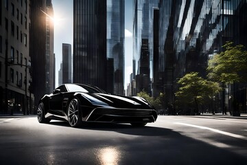 A sleek black sports car parked on a modern city street, its reflective surface catching the...