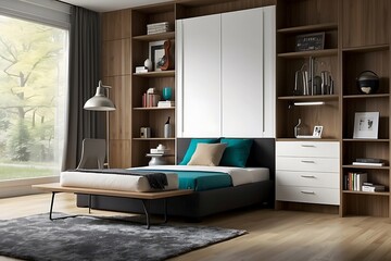 Interior of modern bedroom with white walls, wooden floor, comfortable king size bed