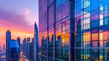 A close-up view of the sleek glass facade and modernist geometric design elements of a contemporary high-rise skyscraper, reflecting the vibrant colors of a bustling cityscape at dusk