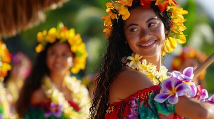 A close-up view of the graceful movements and vibrant costumes of traditional Hawaiian hula...