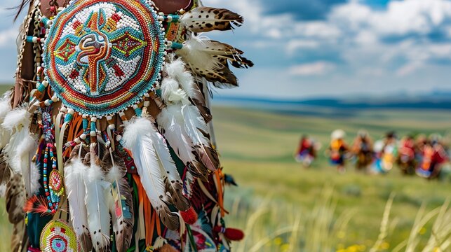 Close-up view of the intricate beadwork and vibrant textiles of a traditional Native American powwow regalia, adorned with colorful feathers and intricate beadwork