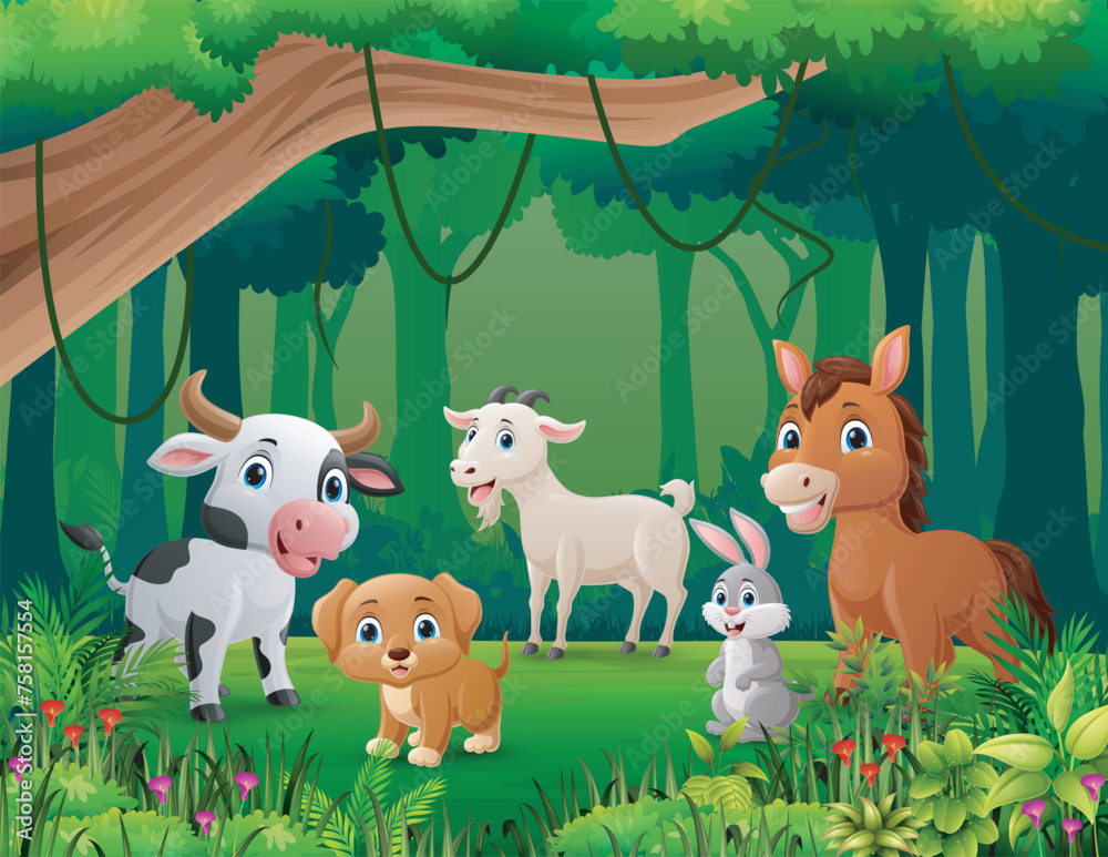 Sticker cute farm animals cartoon in the jungle