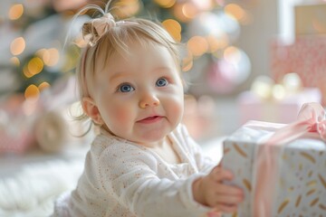 Close-up view capturing the delightful expression on the face of a baby girl as she unwraps her first birthday gift