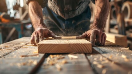 close up man owner a small furniture business is preparing wood for production. carpenter male is adjust wood to the desired size. architect, designer