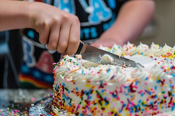 A close-up shot of a teenage boy's hands cutting into a delicious birthday cake decorated with frosting and sprinkles