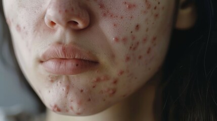 Fototapeta premium acne on woman face with rash skin, scar, and red skin syndrome allergic to cosmetics, use steroids, dermatology, inflammation, infection, hygiene