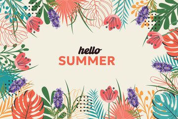 Floral tropical background. Hello summer. Summer abstract background, banner, poster with spring flowers and leaves. Modern trendy colorful design. Template for advertising, web, social media