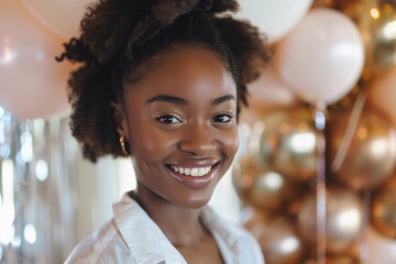 Chic birthday celebration for a stylish young black woman, complete with trendy décor and fashionable accents, captured in a close-up frame showcasing the guest of honor's radiant expression