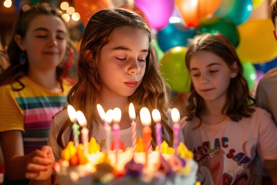 Cheerful teenage girl blowing out candles on her birthday cake surrounded by her friends and family, with colorful balloons in the background