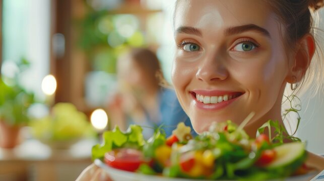 Diet, Dieting. Beautiful woman eat salad for weight loss, slim, good health. Female enjoy with nutrition, almonds, avocado, tomatoes, organic vegetable. Nutritionist healthy food. keto, vegetarian