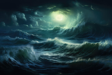 Fototapeta na wymiar A painting of a stormy ocean with a full moon in the sky. The mood of the painting is intense and dramatic, with the waves crashing and the moon shining brightly in the background