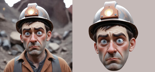 portrait of a sad cartoon male miner wearing a hard hat