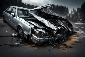 An image focusing on the twisted steel of the guardrail piercing into the sedan's hood, highlighting the raw power of the crash.