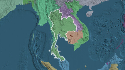 Shape of Thailand. Glowed. Administrative map