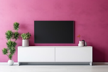 A white entertainment center with a black television and a potted plant on top. The room is painted...