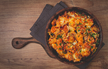 Baked fish with potatoes and cheese, gratin, homemade, no people,