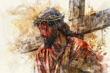Obraz premium Jesus Christ Carrying the Cross brown watercolor