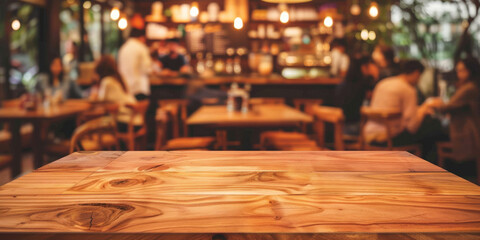 Empty wood table top with blurred background of people sitting in a coffee shop, fast food restaurant or pub for product display montage. Concept for advertising design, layout presentation.banner - obrazy, fototapety, plakaty