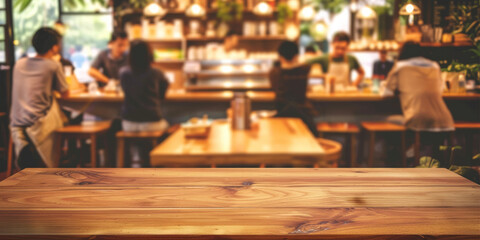 Fototapeta na wymiar Empty wood table top with blurred background of people sitting in a coffee shop, fast food restaurant or pub for product display montage. Concept for advertising design, layout presentation.banner