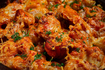 Baked fish with potatoes and cheese, gratin, homemade, no people,