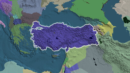 Shape of Turkiye. Glowed. Administrative.