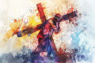 Jesus Christ Carrying the Cross colourful watercolor