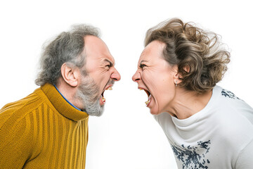Mid aged couple yelling at each other isolated on white, studio shot, concept for marriage problem