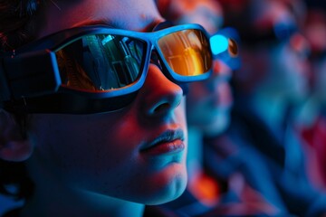 Close-up of a boy with 3D glasses, fully immersed in the action-packed scenes of a blockbuster