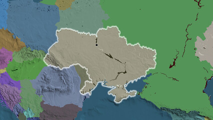 Shape of Ukraine. Glowed. Administrative.