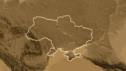 Shape of Ukraine. Glowed. Sepia elevation.