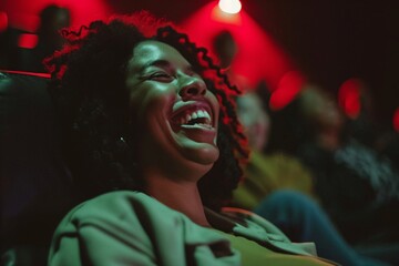 Close-up of black woman laughing while watching a comedy film, their joy contagious in the dimly lit theater - obrazy, fototapety, plakaty