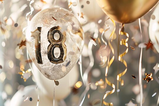 Craft an image showcasing a glittering "18" balloon amidst a burst of confetti and streamers, adding an extra sparkle to the festive birthday atmosphere