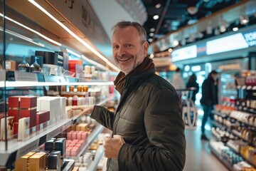 Senior man with an excited smile, exploring the duty-free shops and luxury boutiques in the airport concourse, captivated by the array of high-end goods and exclusive merchandise