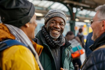 Old black man with an enthusiastic grin, chatting animatedly with station staff as he inquires about his train departure time - obrazy, fototapety, plakaty