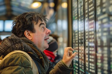 Senior man with an excited expression, checking the departure board at the train station, his anticipation building as he prepares to embark on a memorable holiday adventure