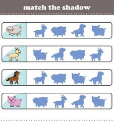 Find the correct shadow. Worksheet with cute wild animals. Education game for children.