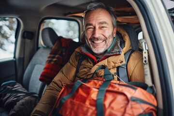 An adult man with a satisfied grin settling into the backseat of a taxi, his bags stowed neatly beside him, ready to begin his journey to the mountains for an adventurous vacation