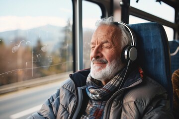 A senior man with a relaxed smile, listening to music or a podcast through his headphones as he enjoys the scenic views from the window of the bus, letting the rhythm of the journey soothe his soul