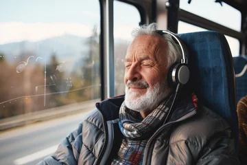 Foto op Canvas A senior man with a relaxed smile, listening to music or a podcast through his headphones as he enjoys the scenic views from the window of the bus, letting the rhythm of the journey soothe his soul © Maelgoa