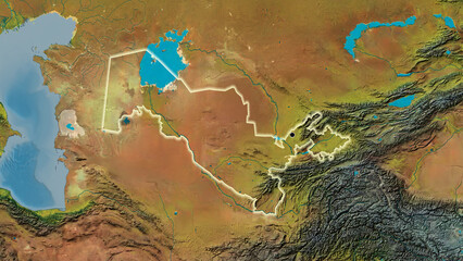 Shape of Uzbekistan. Glowed. Topographic.